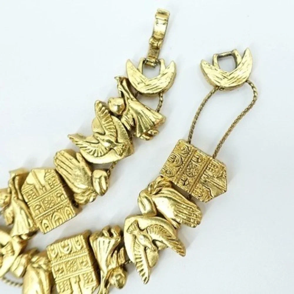 VTG Gold‎ Tone Religious Bracelet Praying Hands Angel Dove Panel Ornate 7